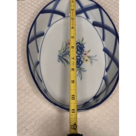 Ceramic Oval Serving Baking Dish Floral Peonies Design Blue Lattice 10" 2.5" - Picture 4 of 7
